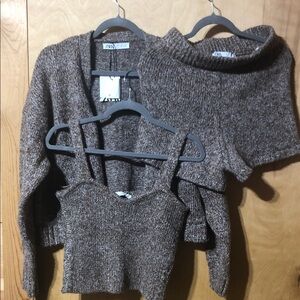 Zara Women's Brown marled 3 piece Sweater tank and Cardigan Set large NWT